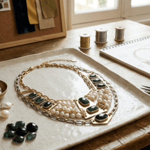 Collier de mode en cours de fabrication sur un établi de bijoutier professionnel à l'école de la Philomathique de Bordeaux.