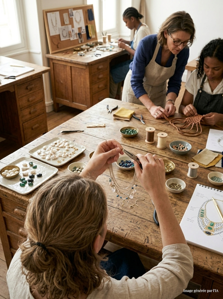 Découvrez la formation CS Bijouterie de mode à la Philomathique de Bordeaux. Une apprenante crée un collier unique au sein de notre atelier d'artisanat d'art.