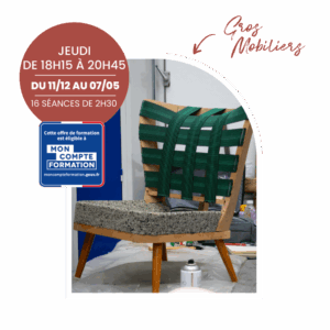 Visuel promotionnel de l'atelier de tapisserie contemporaine (rénovation de fauteuil à la mousse) pour la session de décembre 2025 à Bordeaux.