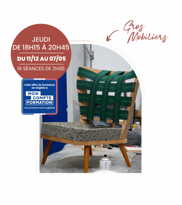 Visuel promotionnel de l'atelier de tapisserie contemporaine (rénovation de fauteuil à la mousse) pour la session de décembre 2025 à Bordeaux.