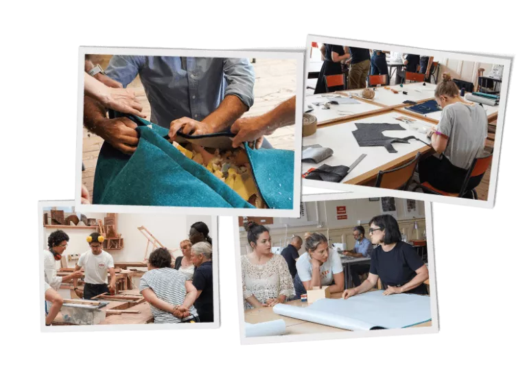 Plusieurs photos d'ateliers de team building de création d'objet.