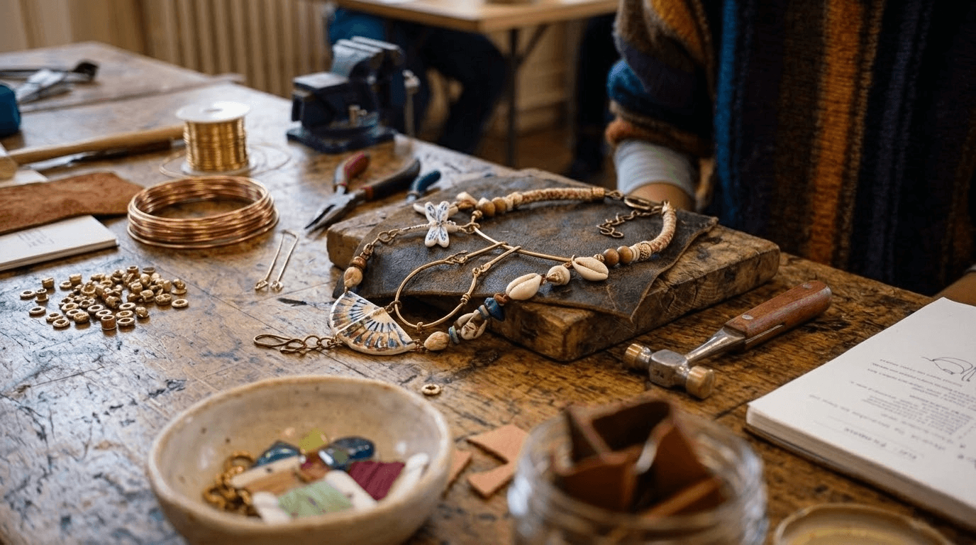 Collier de mode en cours de fabrication sur un établi de bijoutier professionnel à l'école de la Philomathique de Bordeaux.