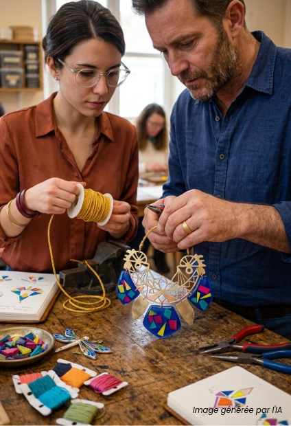 Accompagnement personnalisé d'un élève par son formateur pour la réalisation de boucles d'oreilles et accessoires de mode à la Philomathique.