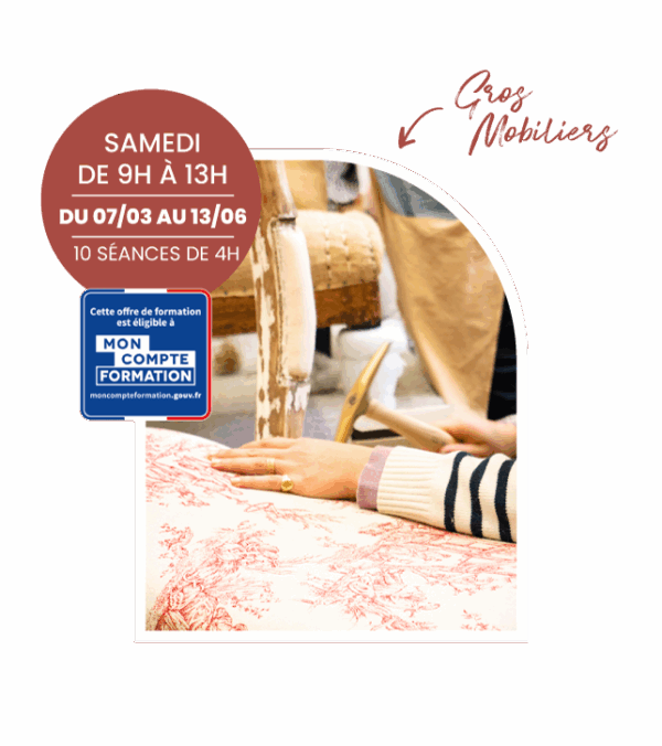 Prochaine session de la formation de tapisserie d'ameublement du samedi à Bordeaux - Inscriptions ouvertes pour mars 2026.