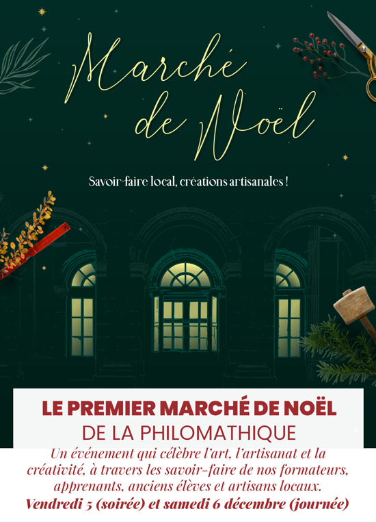 Ambiance du marché de noël artisans bordeaux philomathique. Exposition d'objets créateurs et métiers d'art dans les ateliers.