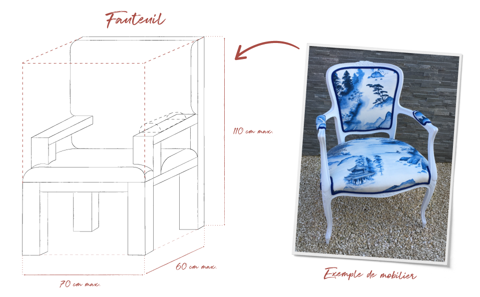 Photo technique expliquant les dimensions à ne pas dépasser pour les fauteuils en atelier de garnissage traditionnel.