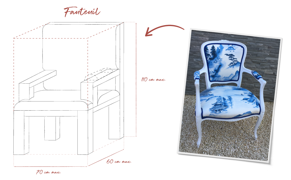 Schéma des dimensions maximales des fauteuils pour l'atelier de restauration en crin traditionnel à Bordeaux.