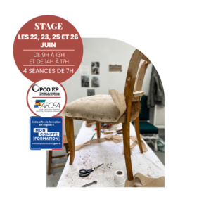 Restauration d'une assise de chaise en crin traditionnel lors d'un stage intensif de tapisserie d'ameublement à Bordeaux.